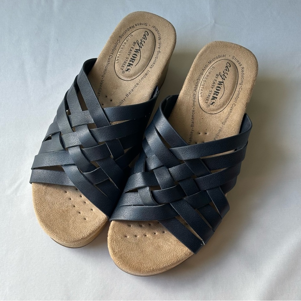 Easy Works by Easy Street Navy Woven Wedge Rosanna Sandals